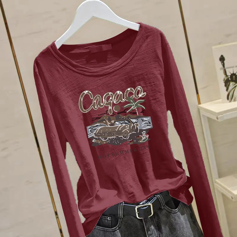 竹节棉宽松圆领长袖t恤女士春秋季纯棉印花时尚韩版加大女装衣服