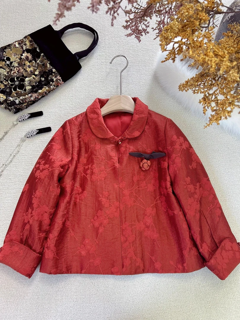【CCM定制】红色人丝提花衬衫女童2025冬季新款加棉娃娃领汉服上衣