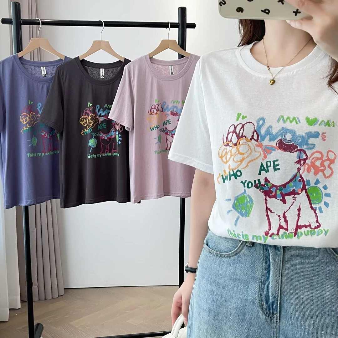 大码胖mm韩系慵懒风彩绘涂鸦印花T恤宽松减龄圆领短袖显瘦上衣