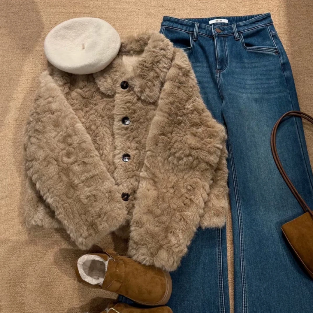 捡漏 复古小众ins风皮毛一体加厚外套冬季新款