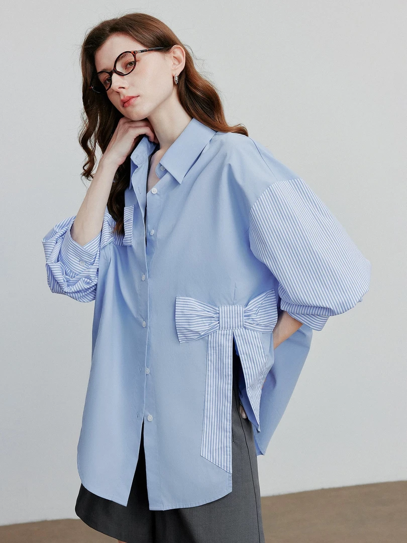 【解构拼接】2025秋条纹解构拼接衬衫宽松蝴蝶结开衫外套上衣J1979