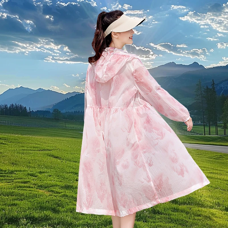 印花防晒衣女夏长款2025新款收腰显瘦防紫外线海边沙滩旅游防晒服