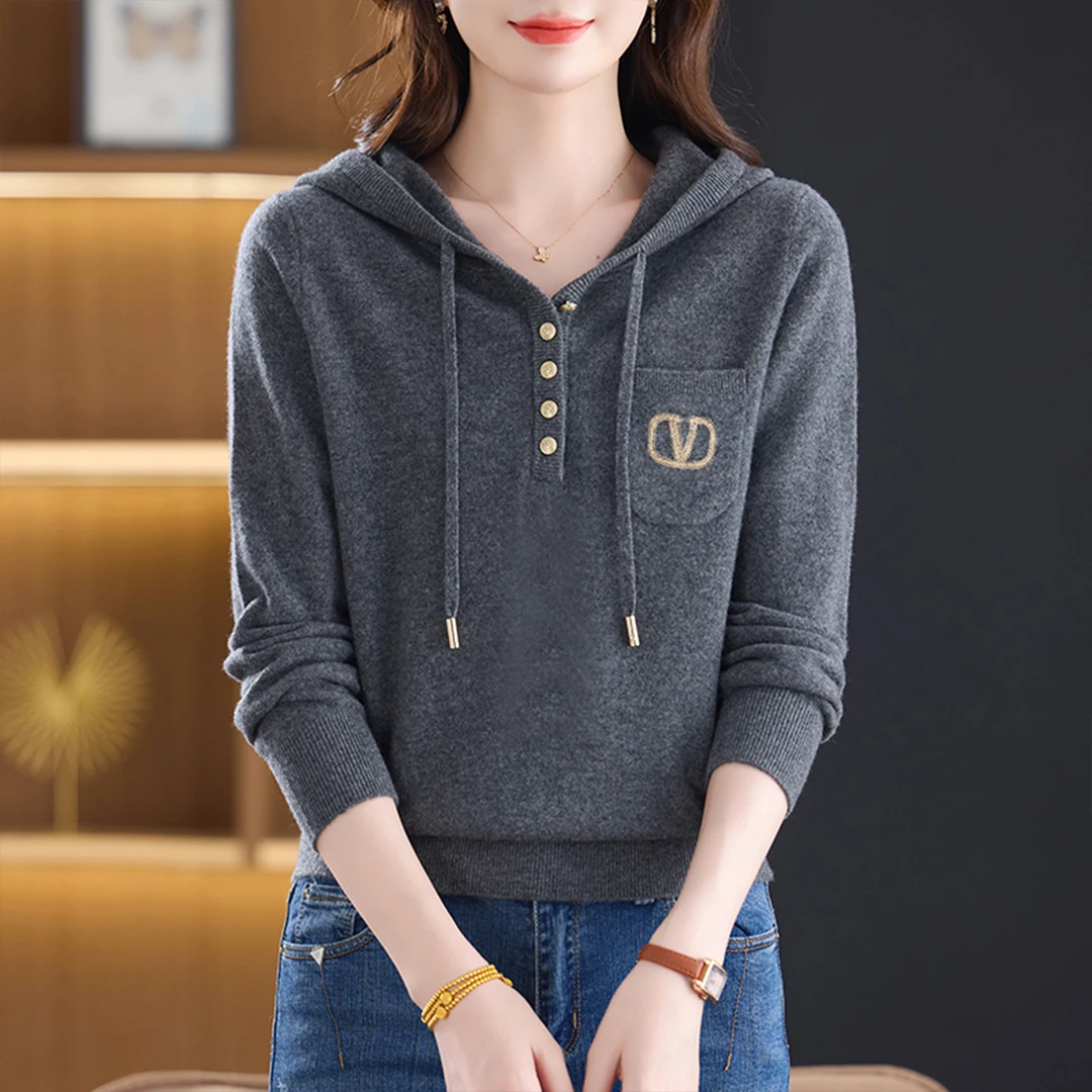 100%纯羊毛连帽毛衣宽松外穿时尚减龄妈妈针织打底衫套头