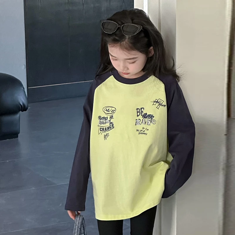 纯棉女童春秋季拼色长袖T恤新女孩休闲洋气时尚套头打底衫T24414
