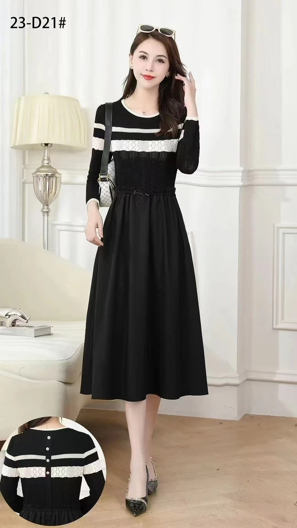 D21 秋季精致连衣裙法式赫本风气质女装高级感黑色条纹显瘦裙子女