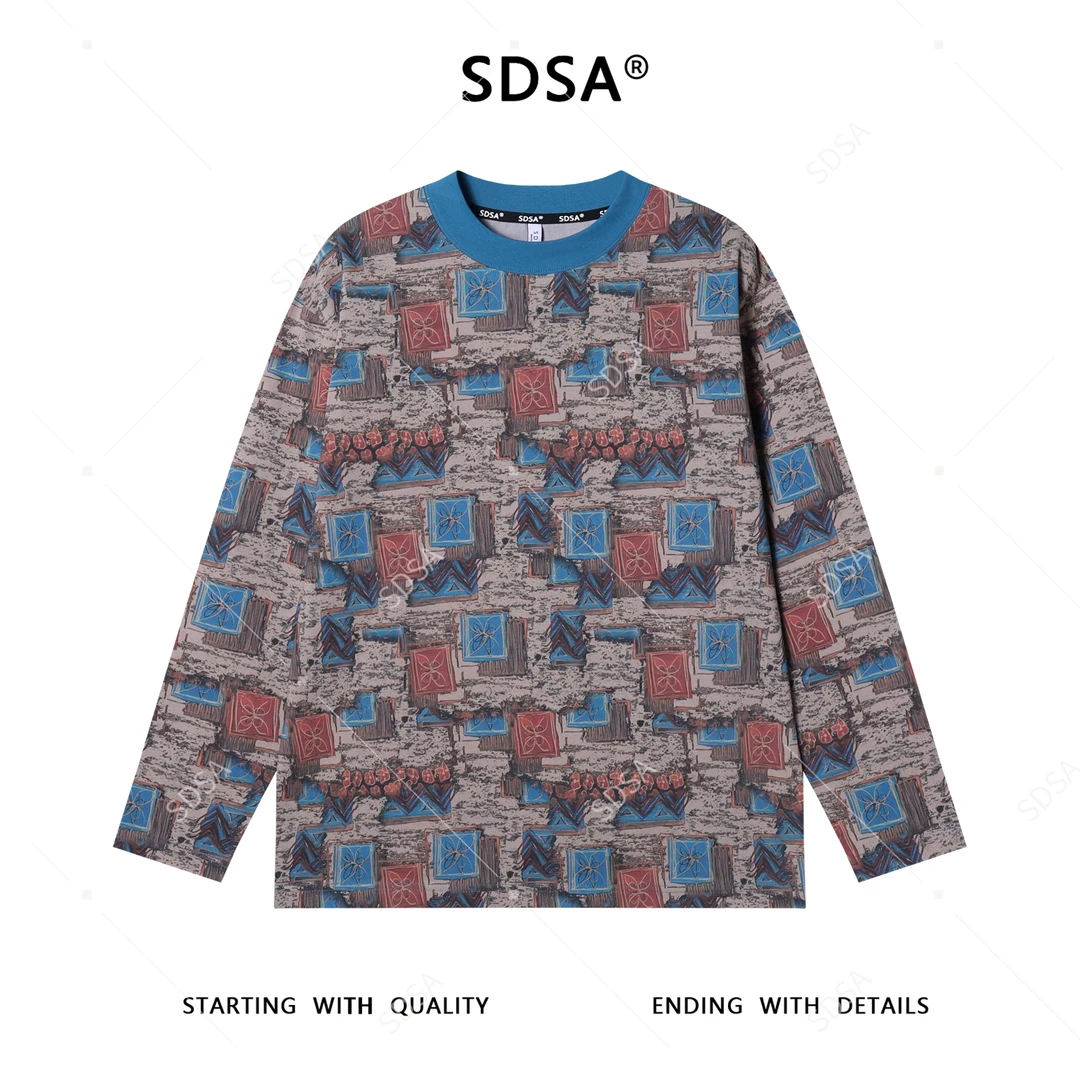 SDSA男士秋冬新款痞帅男装设计感不规则色块圆领长袖T恤时尚潮流