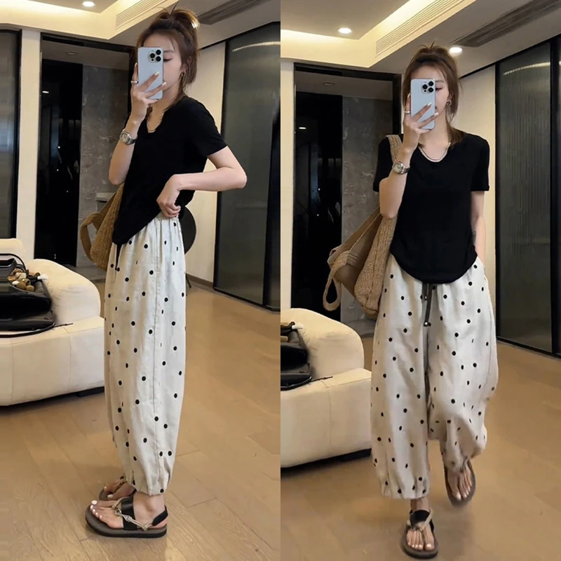 通勤T恤波点裤子两件套2025夏季新款韩系温柔小众设计感时髦套装