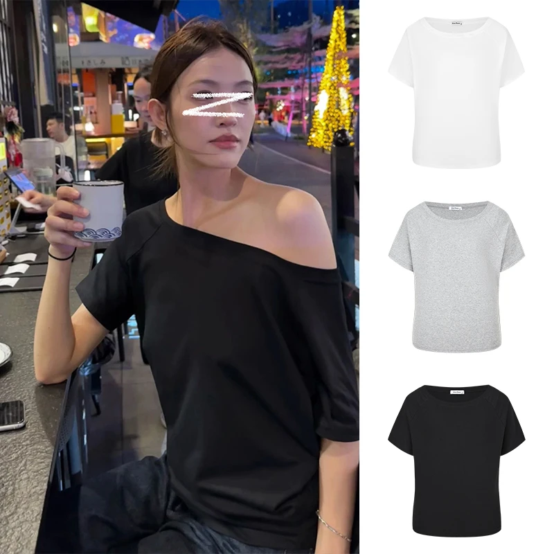 Moses Queen/魔西女王黑色一字肩短袖T恤夏纯欲斜领露肩宽松上衣