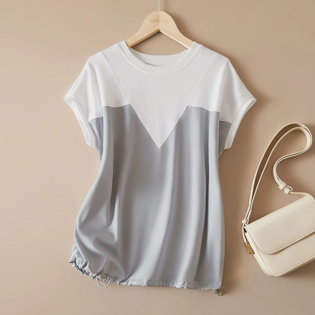 IHIMI/海谧宽松休闲异材质拼接圆领T恤2025夏女装收腰显瘦T恤1338