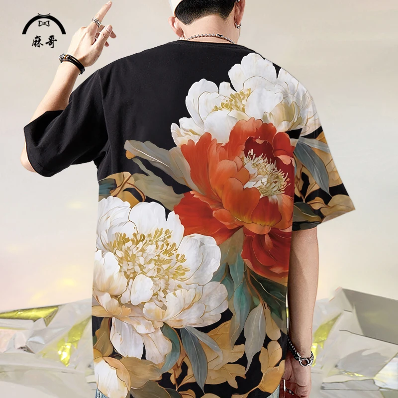 ins潮流新款花卉印花短袖男夏季薄款圆领T恤大码宽松半袖落肩体恤