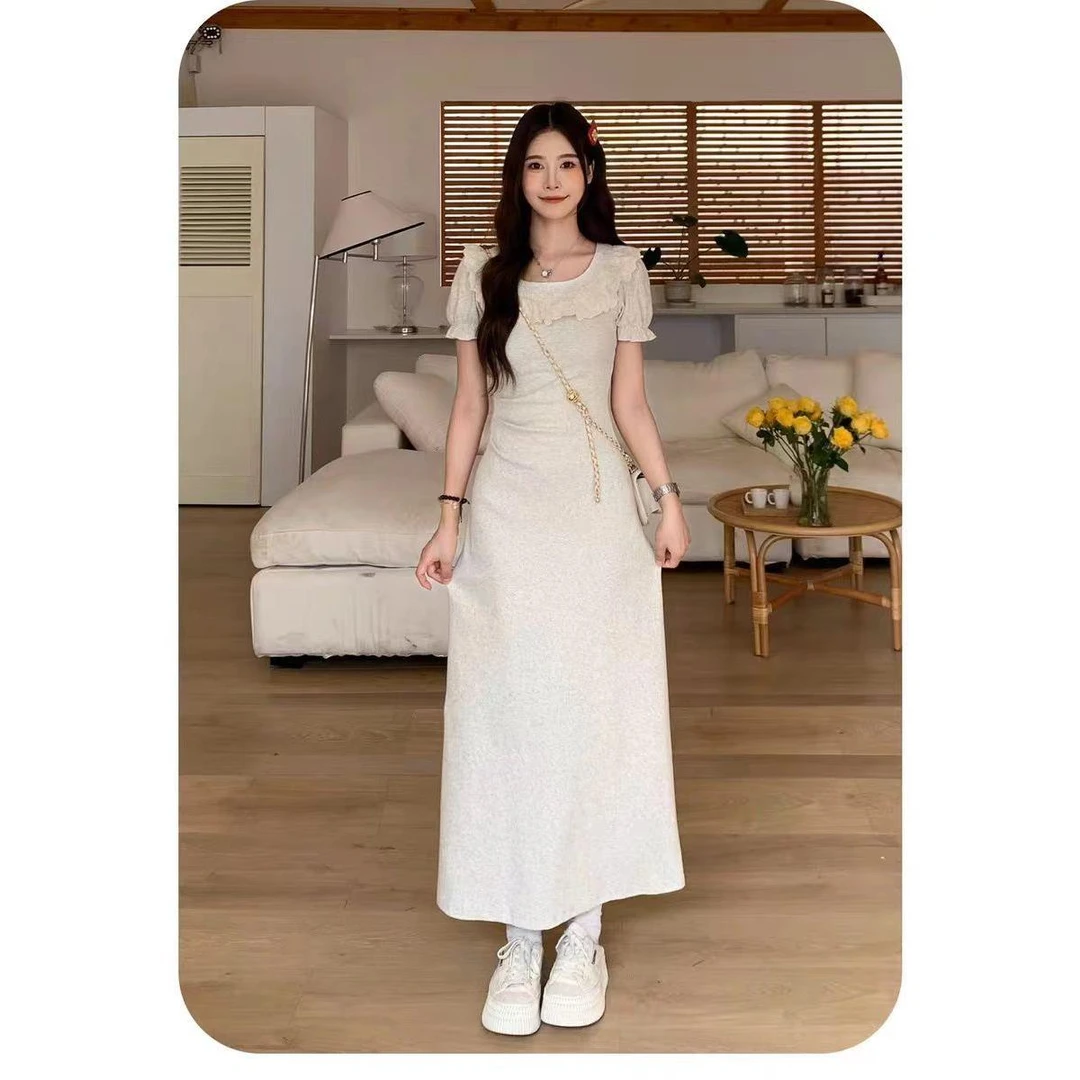 法式蕾丝花边灰色方领短袖长款连衣裙女春夏新款收腰显瘦包臀短裙