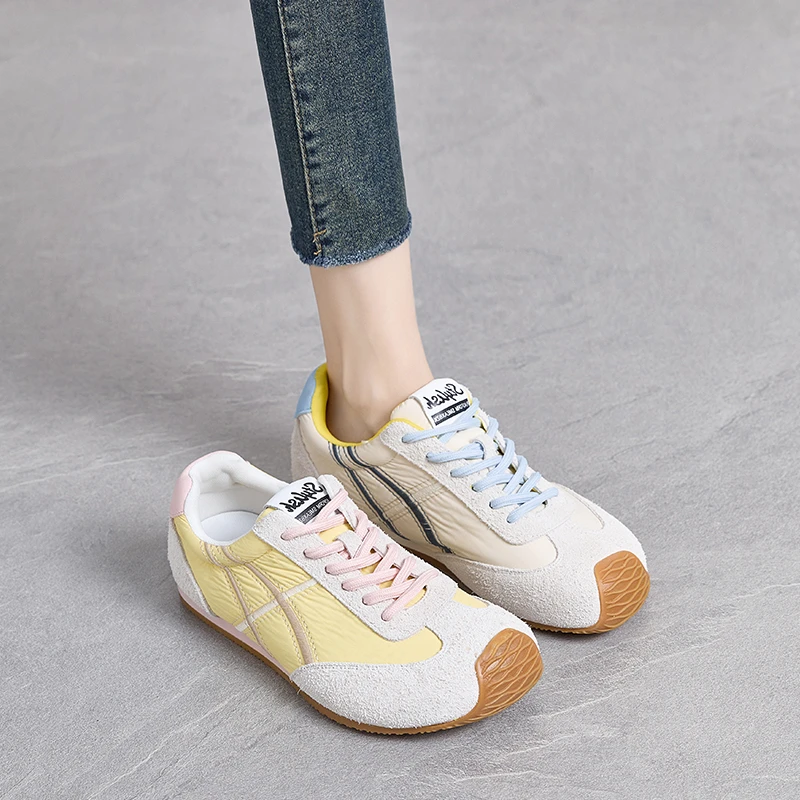 真皮德训鞋女2025春季新款阿甘鞋透气百搭拼色多巴胺运动休闲鞋潮