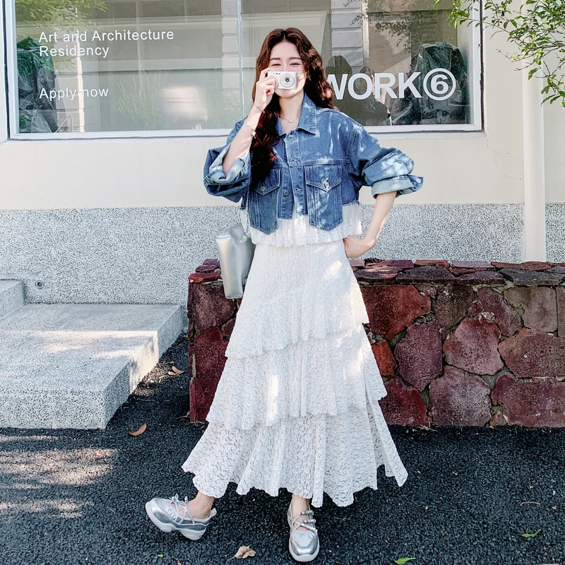 早秋穿搭牛仔外套吊带裙套装海边度假风法式蕾丝紫色超仙连衣裙子