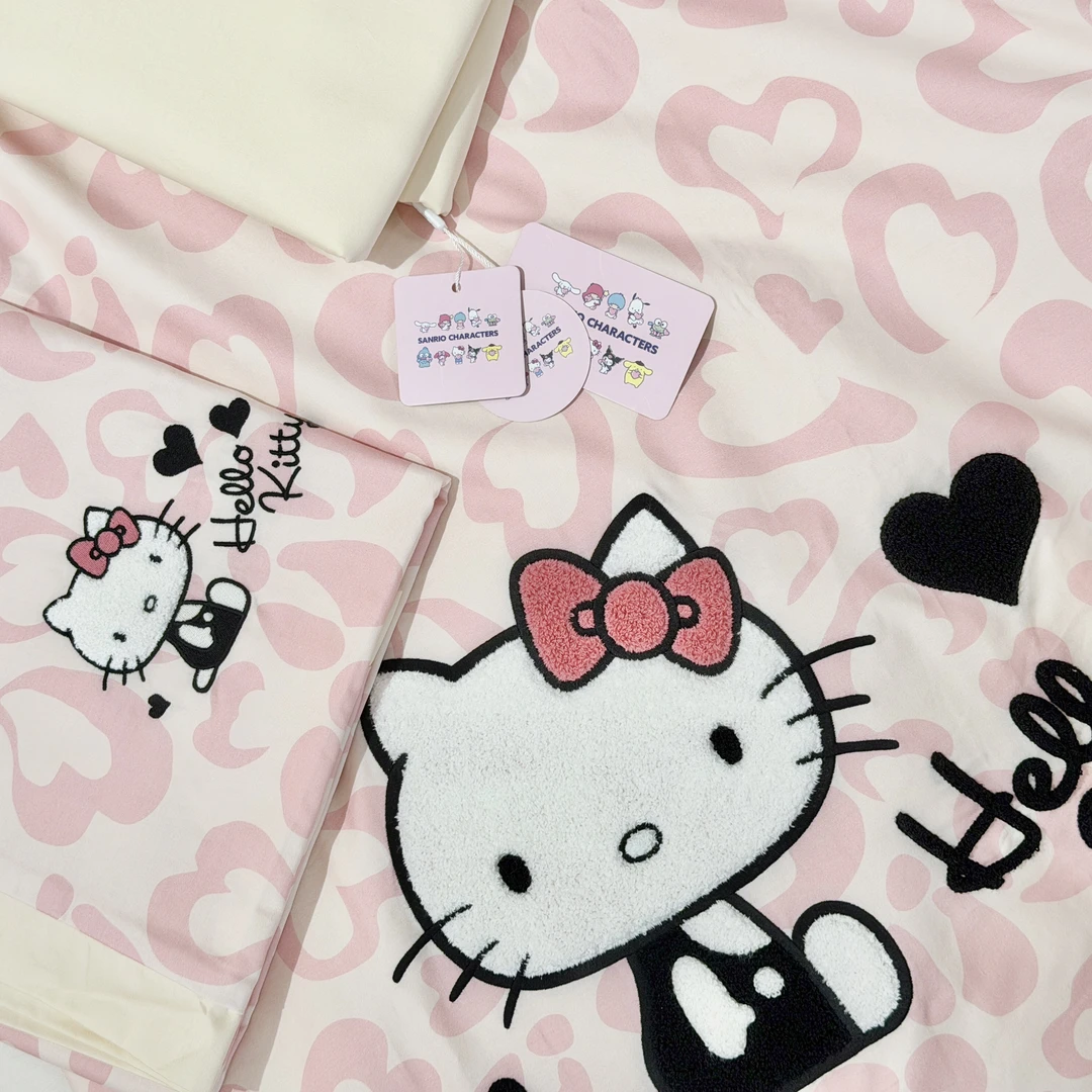 《三丽鸥正版》豹纹Hello kitty全棉贡缎毛巾绣数码印花四件套