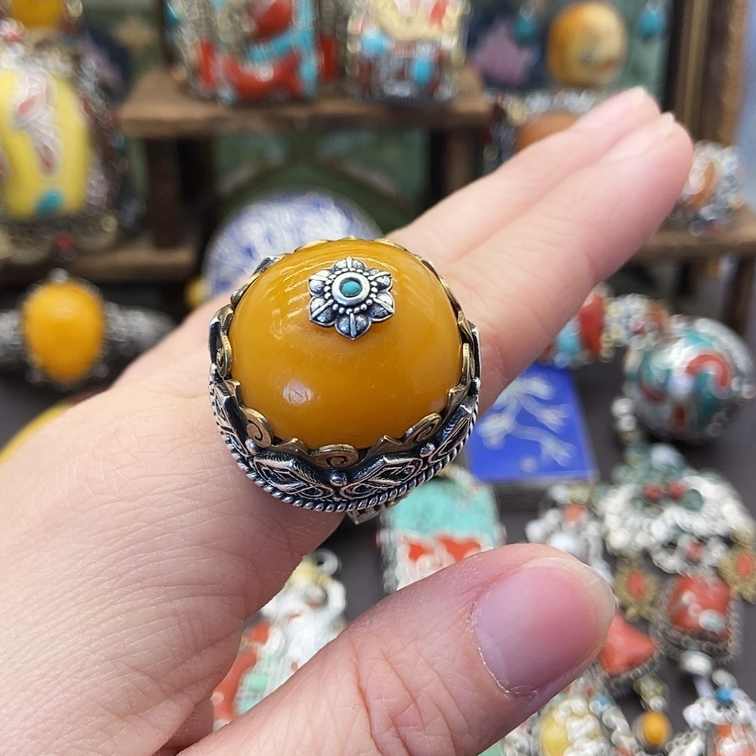 蜜蜡银S925镶嵌戒指