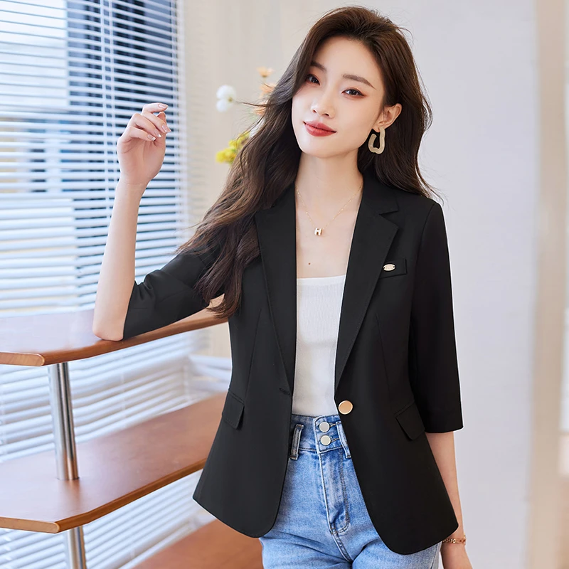 七分袖小西装外套女夏季小个子薄款气质修身中袖休闲西服上衣6026