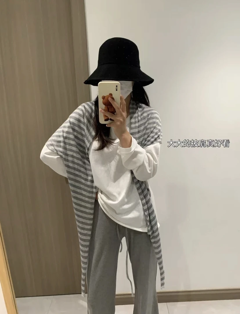 灰灰呀！3867配条纹披肩！韩系复古设计圆领长袖防晒T恤+休闲裤套装