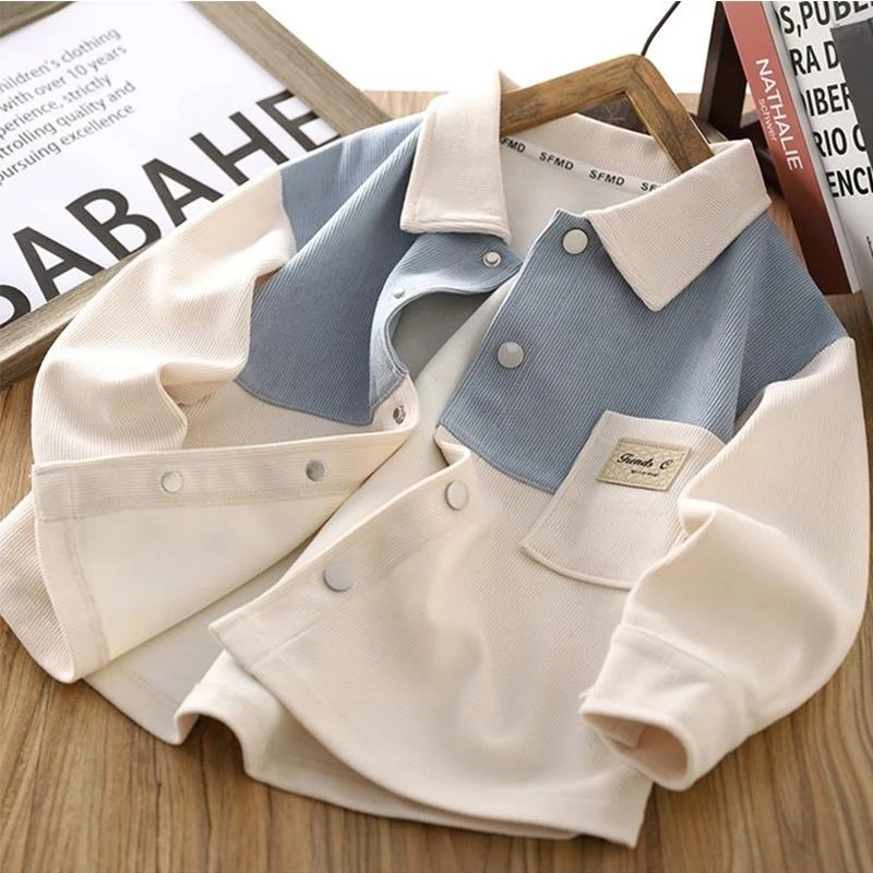 男童休闲领长袖衬衫秋季2025新款拼接休闲中大童韩版外套上衣