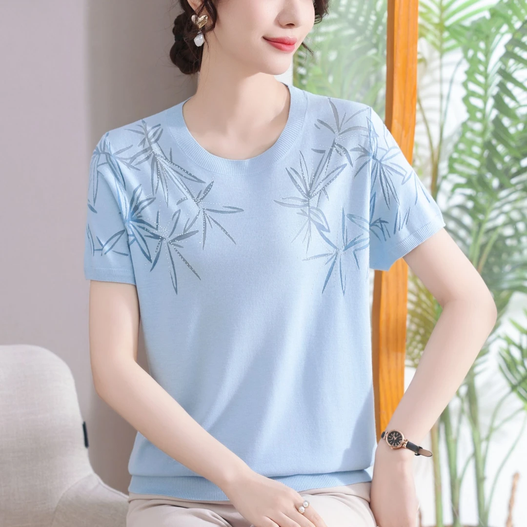 妈妈夏装2025新款冰丝短袖t恤中年女洋气上衣服中老年人针织小衫