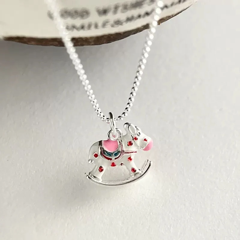 坠链均925银 彩色木马圆珠项链女简约甜美气质多巴胺风格锁骨链