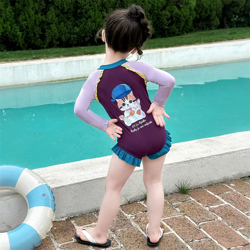 女童连体泳衣长袖防晒夏季新款儿童速干训练泳衣女宝宝度假游泳衣