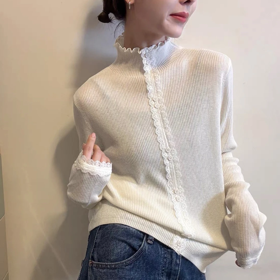 欧洲站2025冬季韩版气质小立领蕾丝花边单排扣净版百搭打底针织衫