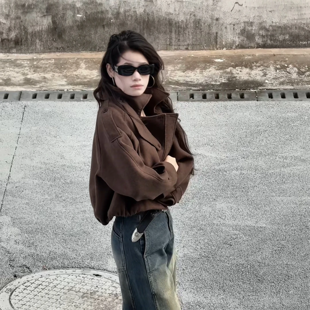 秋冬新款设计感立领毛呢外套短款小个子高级感上衣