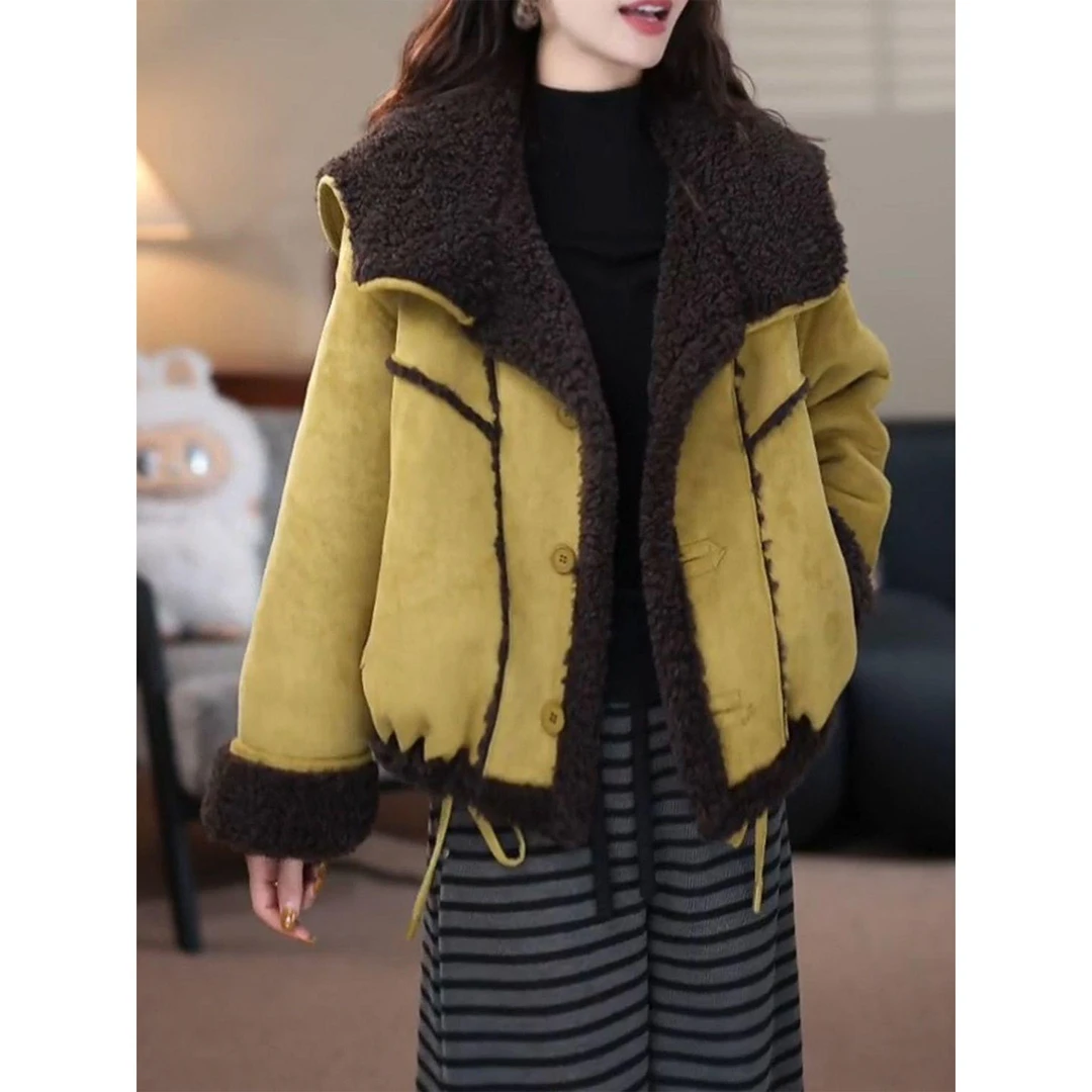 撞色拼接两面穿毛毛短外套女冬季高级感宽松加厚保暖派克棉服上衣