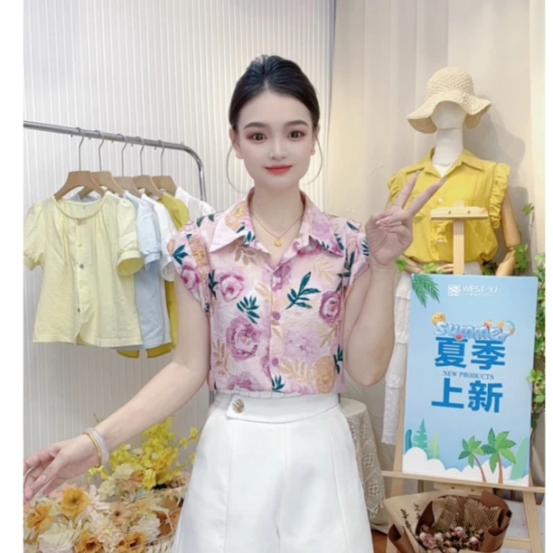 艾尚服饰·新款时尚碎花减龄百搭衬衫领甜美夏季花苞短袖小衫