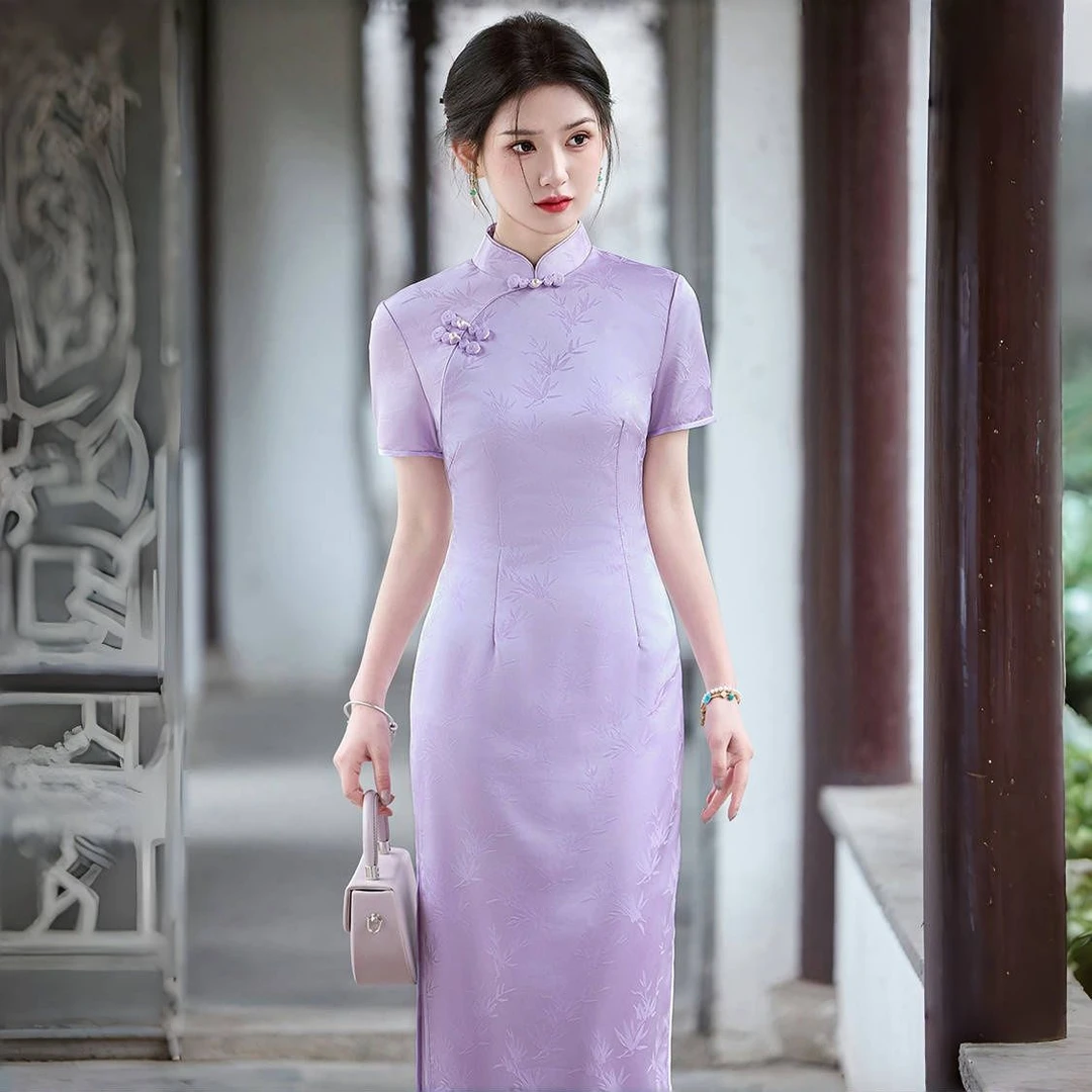改良旗袍长款连衣裙2025夏季新款修身显瘦素雅年轻款中国风旗袍女