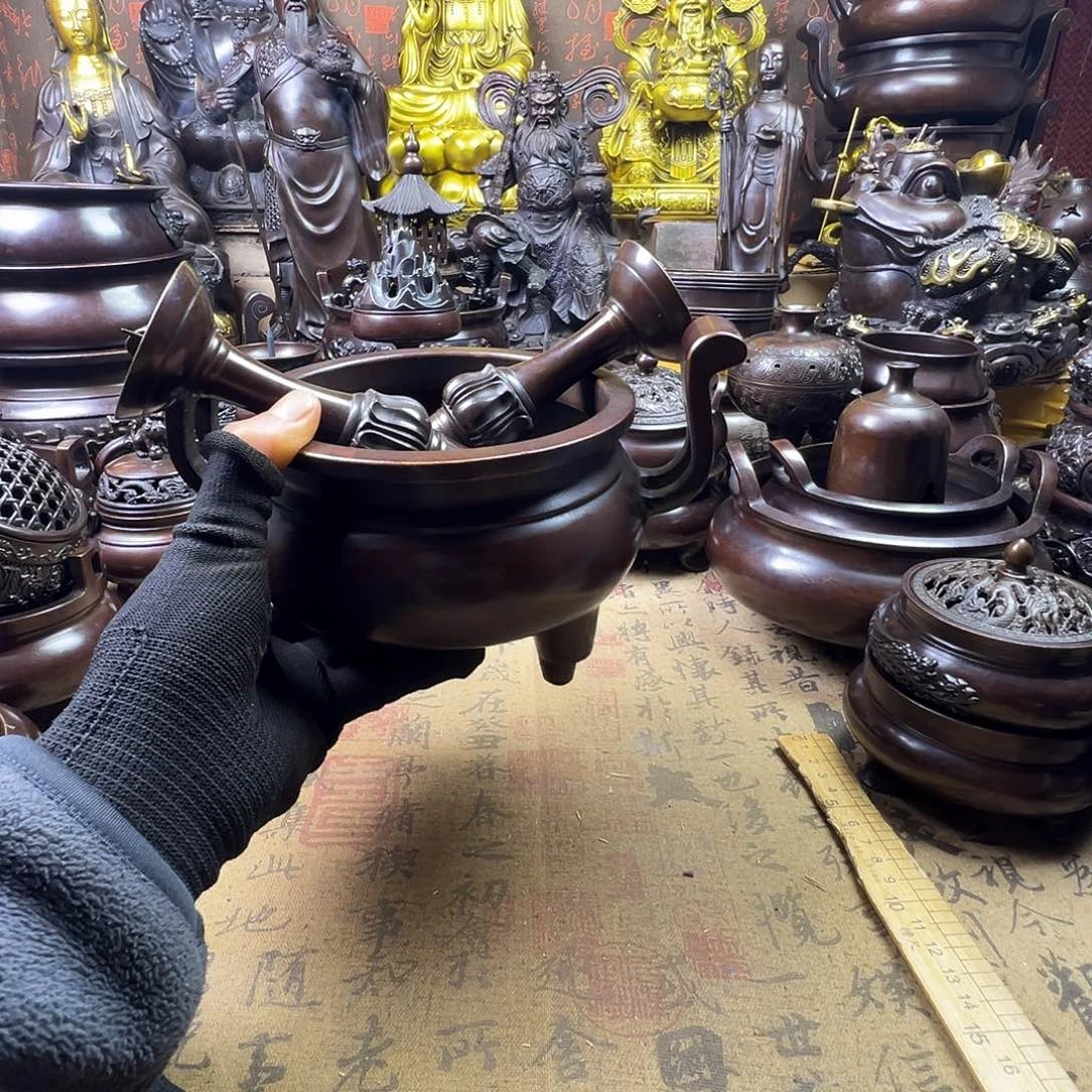 飞***14公分口径官帽炉➕烛台一对铜香炉供香炉聚宝盆家用铜香炉