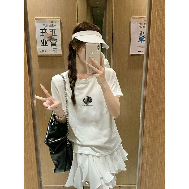 正肩白色圆领短袖t恤女潮时尚百搭减龄洋气宽松上衣2025夏季新款