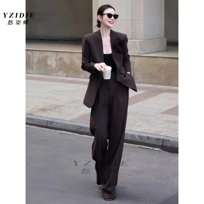 秋季新款时尚套装高级感立体花朵职业西装阔腿裤通勤两件套
