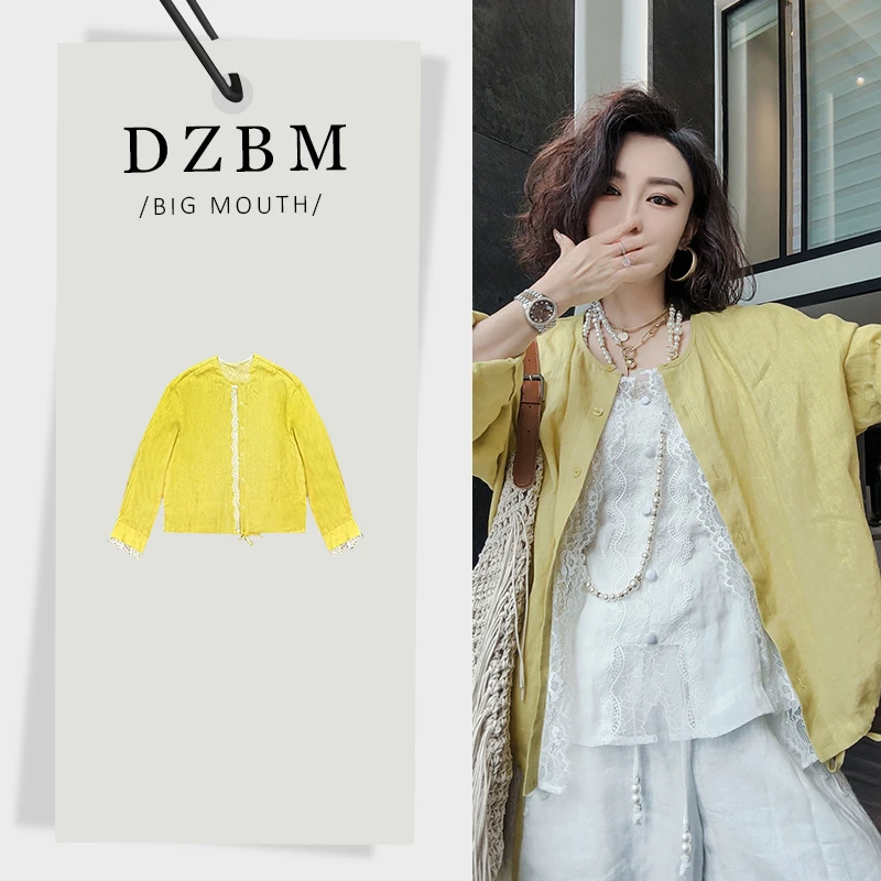 DZBM2025夏季新款重工蕾丝拼接设计单排扣时尚防晒亚麻外套-S5412