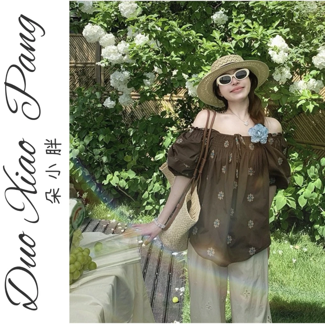 夏季胖MM刺绣短袖设计感显瘦上衣大码法式一字肩泡泡袖衬衫女1626