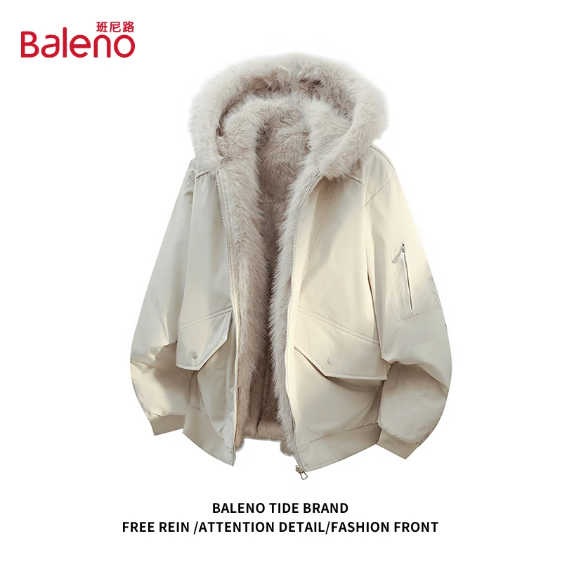 班尼路座山雕连帽棉服男女冬季新款宽松加绒加厚防寒情侣工装外套