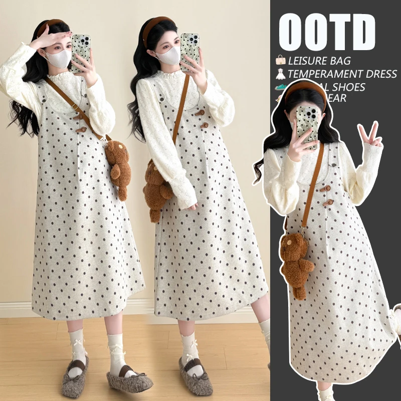 孕妇秋装套装2025新款潮妈孕期穿搭波点背心裙长袖秋冬两件套