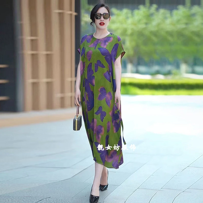 高级感醋酸连衣裙2025夏季新款宽松遮肚轻奢风中长款过膝大码裙子