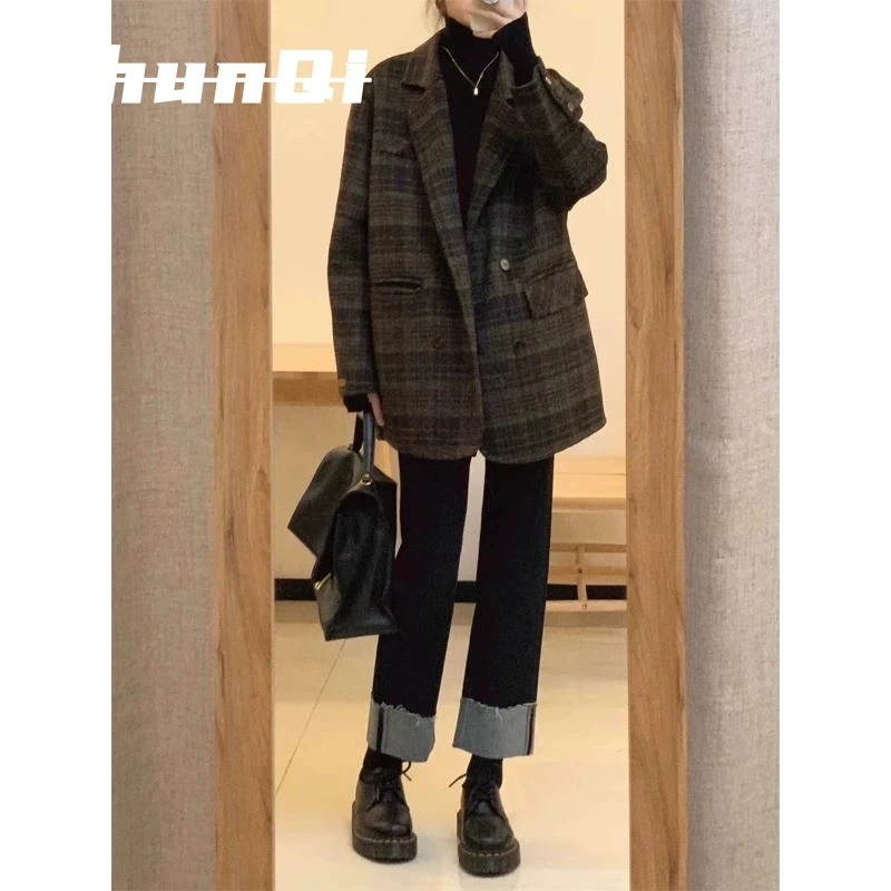 淳启格子西装领毛呢外套女秋冬季大码胖mm宽松赫本风高级复古大衣