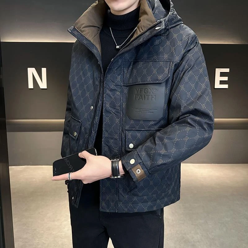 冬季羽绒服男连帽2025新款高端潮牌修身帅气印花防寒外套男士冬装