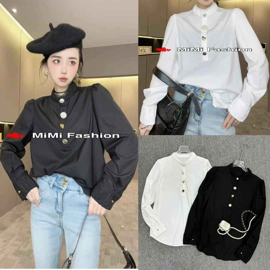 KiKi严选：98509-MT家欧洲站南油早春新款爱心扣蕾丝领衬衫