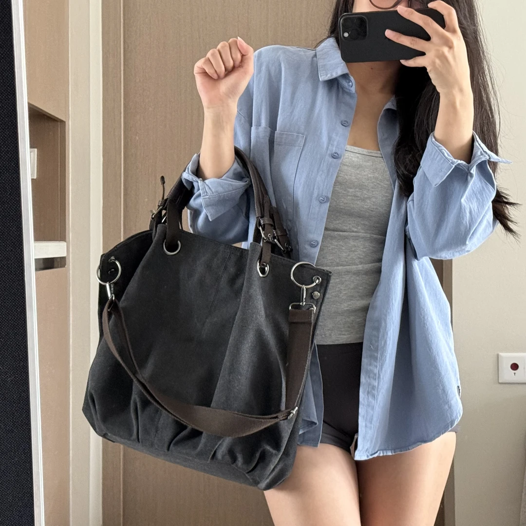 DAYOFF-复古托特包女健身通勤手提包斜挎包慵懒大容量帆布包