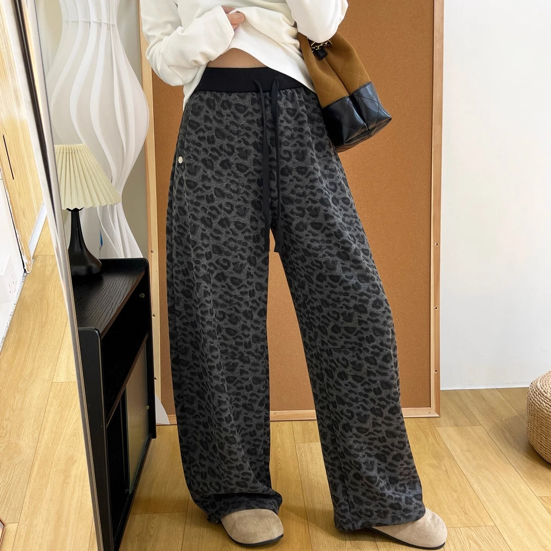 灰色洋气豹纹裤子女2025冬季新款高腰收口束脚两穿加绒垂感阔腿裤