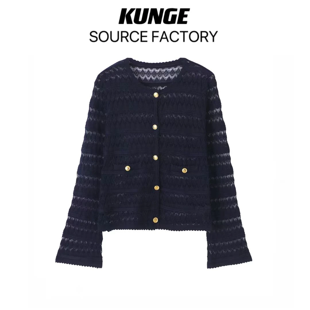 KUNGE-时尚藏蓝色蕾丝织片圆领单排扣轻薄开衫款式外套-1212