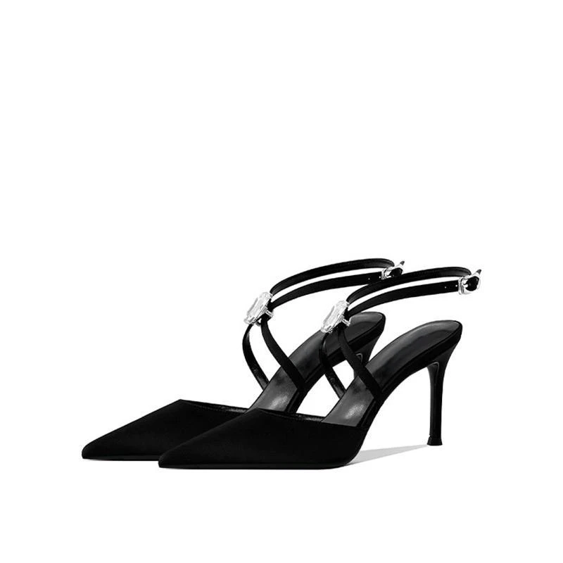 树林2025春夏新款欧美黑色绸缎高跟鞋水钻细跟凉鞋女鞋子