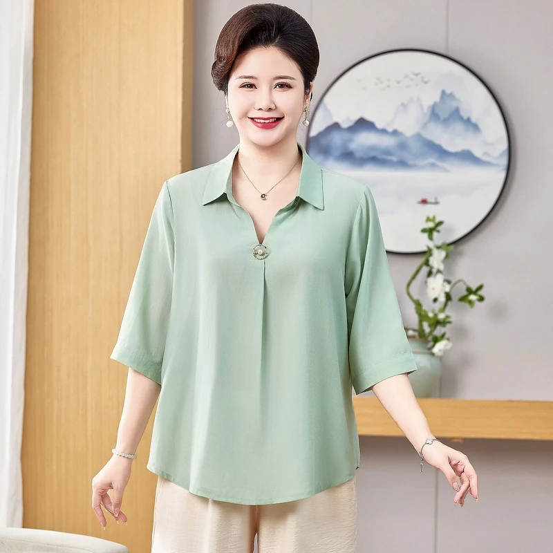 大码妈妈装夏季洋气七分袖雪纺女装衬衫T恤中老年洋气遮肉显瘦女