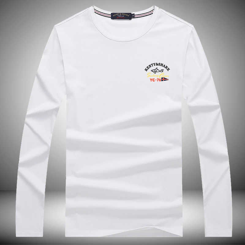 肯迪鲨鱼中青年纯棉长袖白色休闲春秋潮流时尚潮流T恤圆领t恤上衣