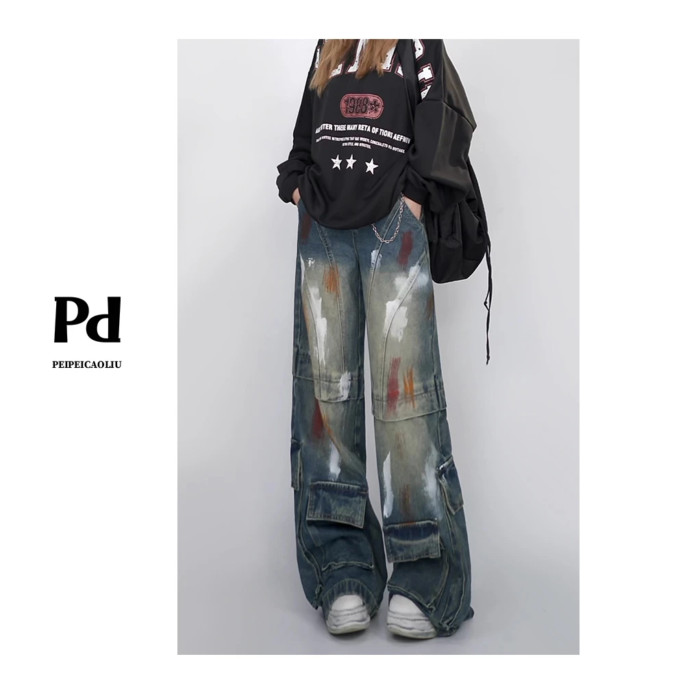 PPEI·AS34秋季新款个性涂鸦做旧阔腿裤工装高街梨形直筒牛仔裤女