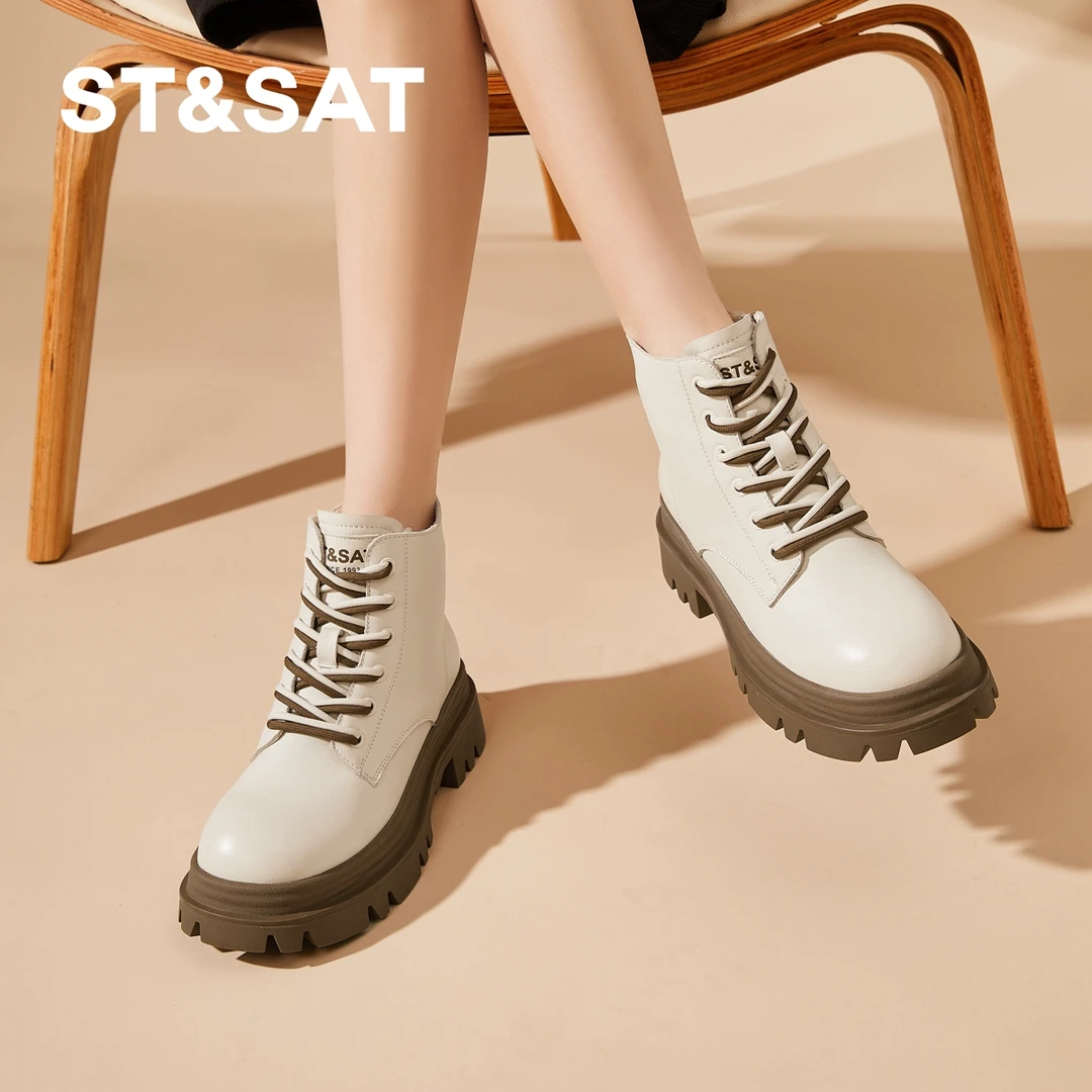 星期六时尚女靴子白色大头鞋英伦风马丁靴女春季新款真皮厚底短靴