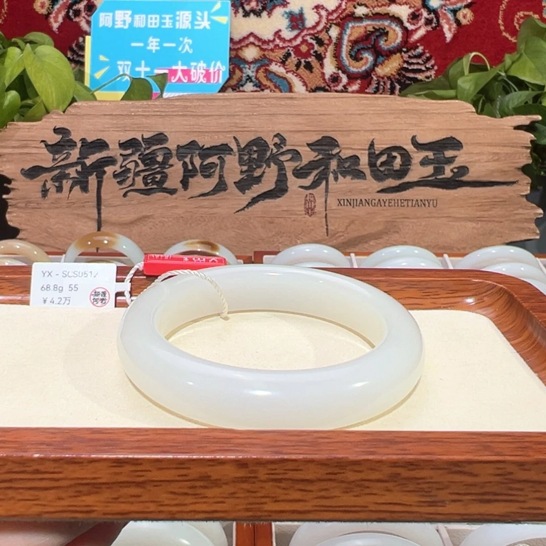 未镶嵌手镯和田玉天然新疆和田玉手镯暖白正圈条宽13+优雅